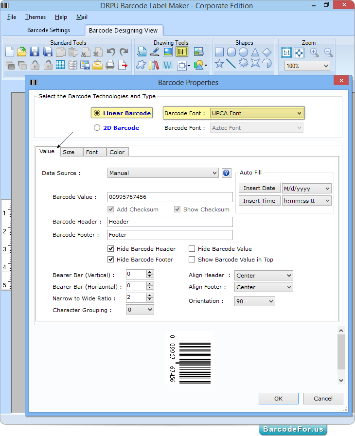 Barcode Properties - Value Tab